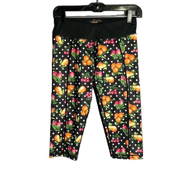 Betsey Johnson Black Cropped Leggings With Polka Dot and Fruit Print Size Small - Picture 1 of 7